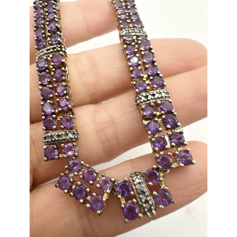 Vintage Ross Simons Amethyst Tennis Necklace Sterling Silver Gold Plated 17”